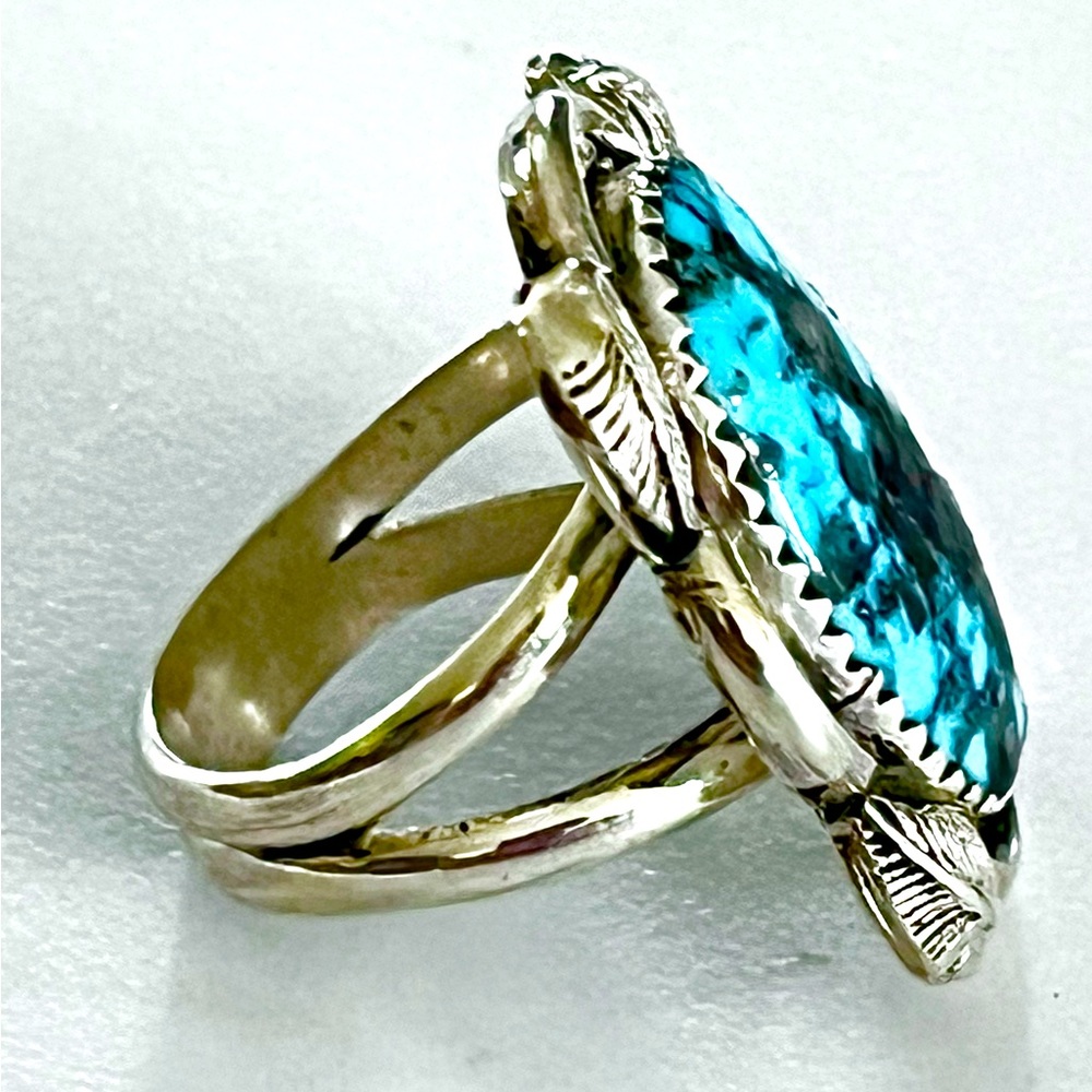 Signed - Hoskie Yazzie, Navajo. Vintage Sterling Silver Turquoise Ring - Picture 4 of 7
